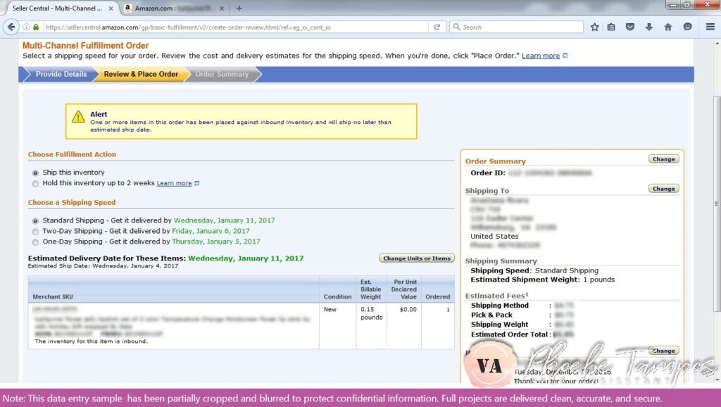 Amazon Seller Central multi-channel fulfillment order setup page showing shipping speed and delivery options.