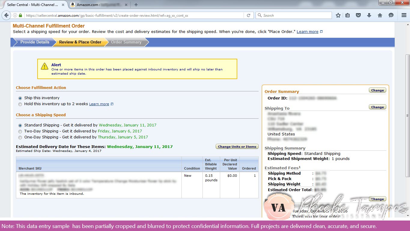 Amazon Seller Central multi-channel fulfillment order setup page showing shipping speed and delivery options.