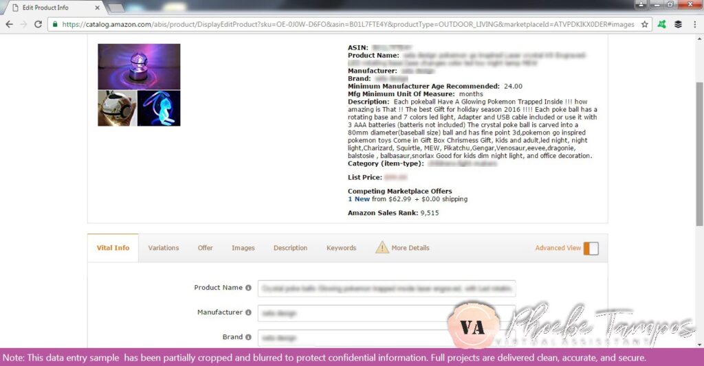 Uploading a new product listing on Amazon Seller Central using client-provided product details and descriptions.