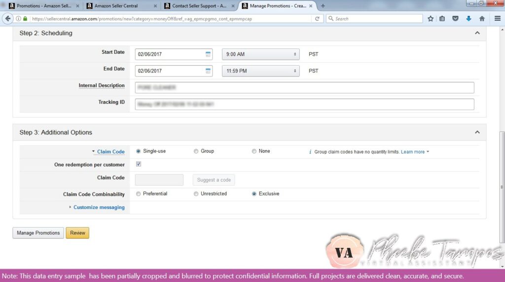 Creating a single-use promotional discount code in Amazon Seller Central using client-provided campaign details.