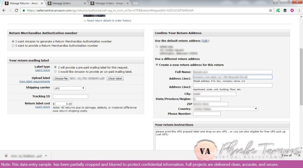 Creating and uploading a prepaid return label in Amazon Seller Central for a customer return using client-provided details.