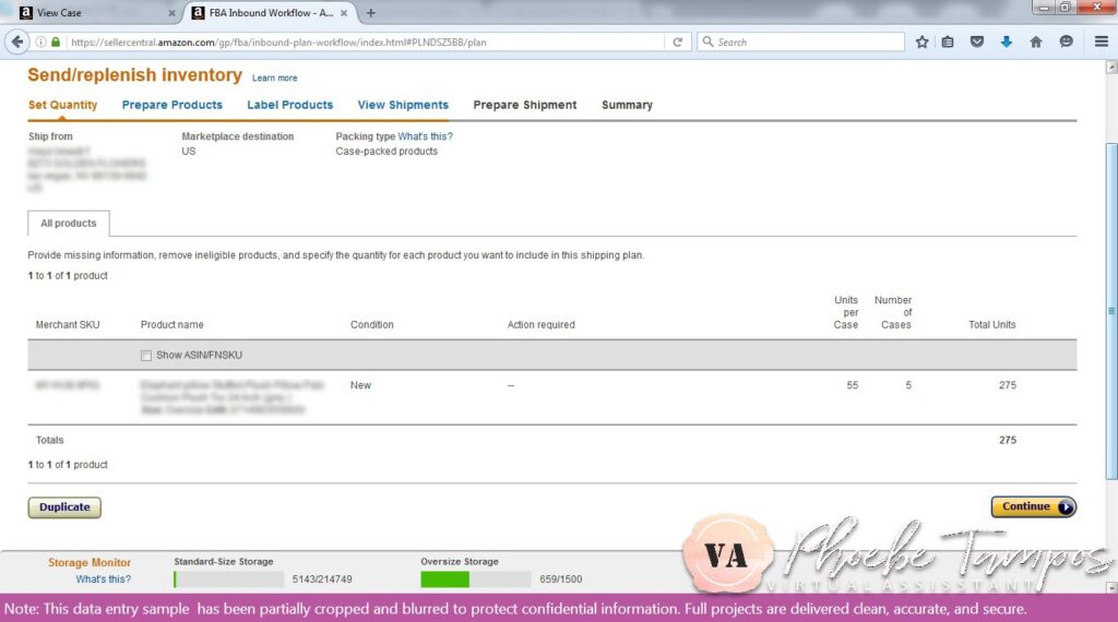 Setting FBA shipment quantities and preparing shipping labels for case-packed products in Amazon Seller Central using client-provided inventory details.