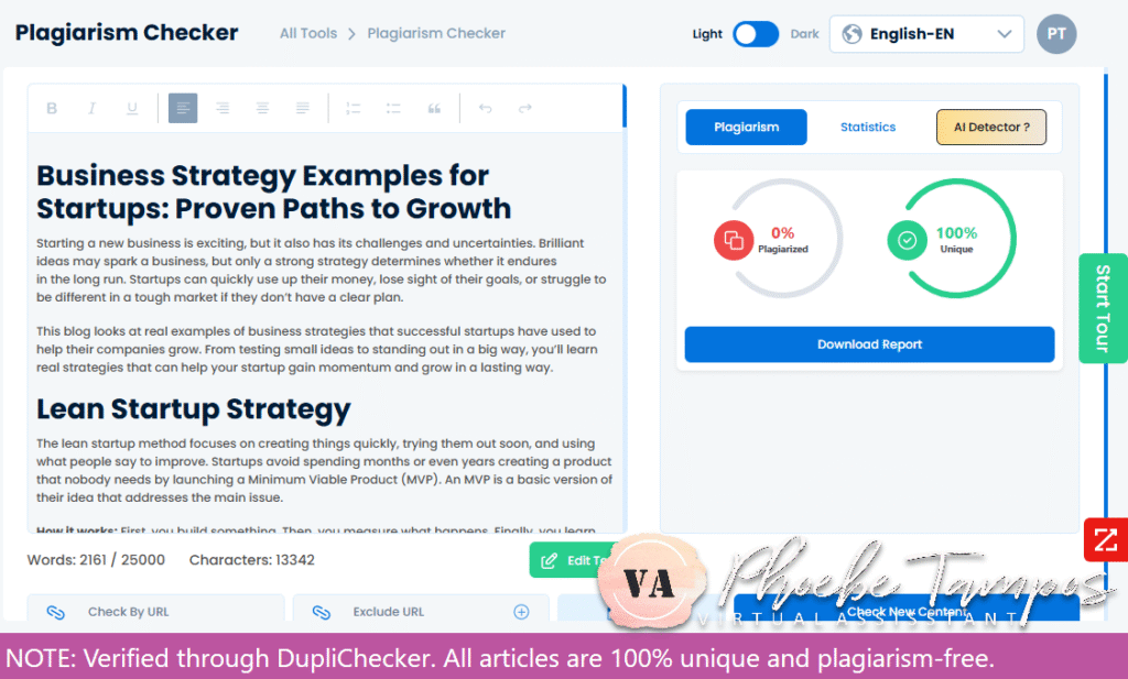 Plagiarism-free verification of a business SEO article on startup business strategies written by Phoebe Tampos