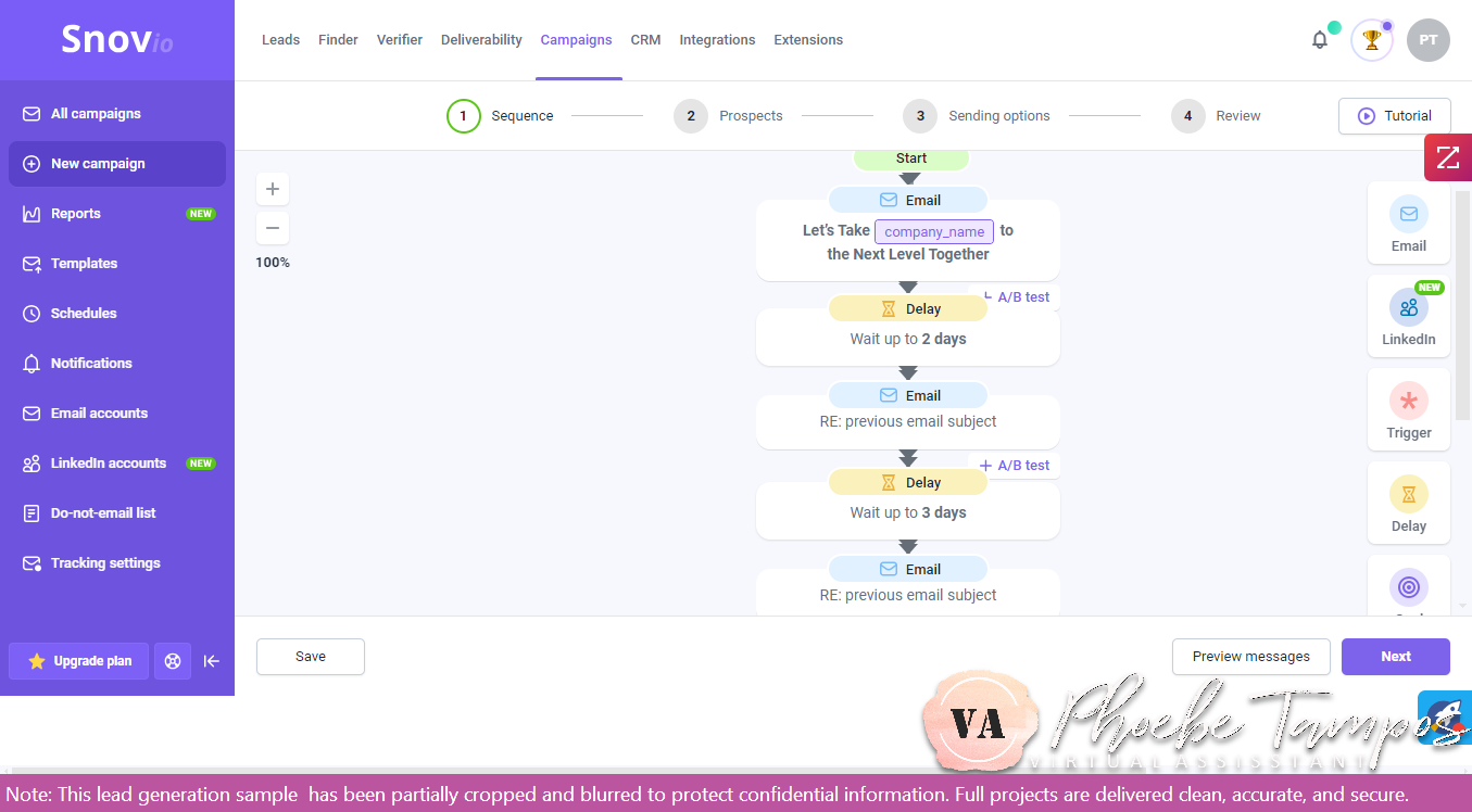 Screenshot of Snov.io cold email outreach sequence showing a three-step automated campaign for lead generation training.