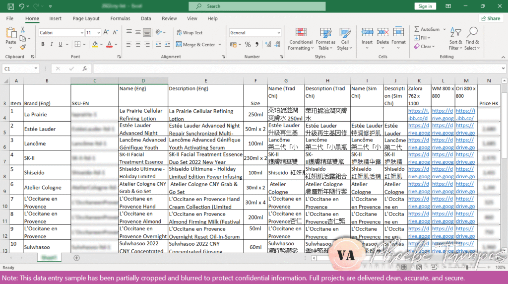 Excel data entry project showing information entered in columns B and N for client records.