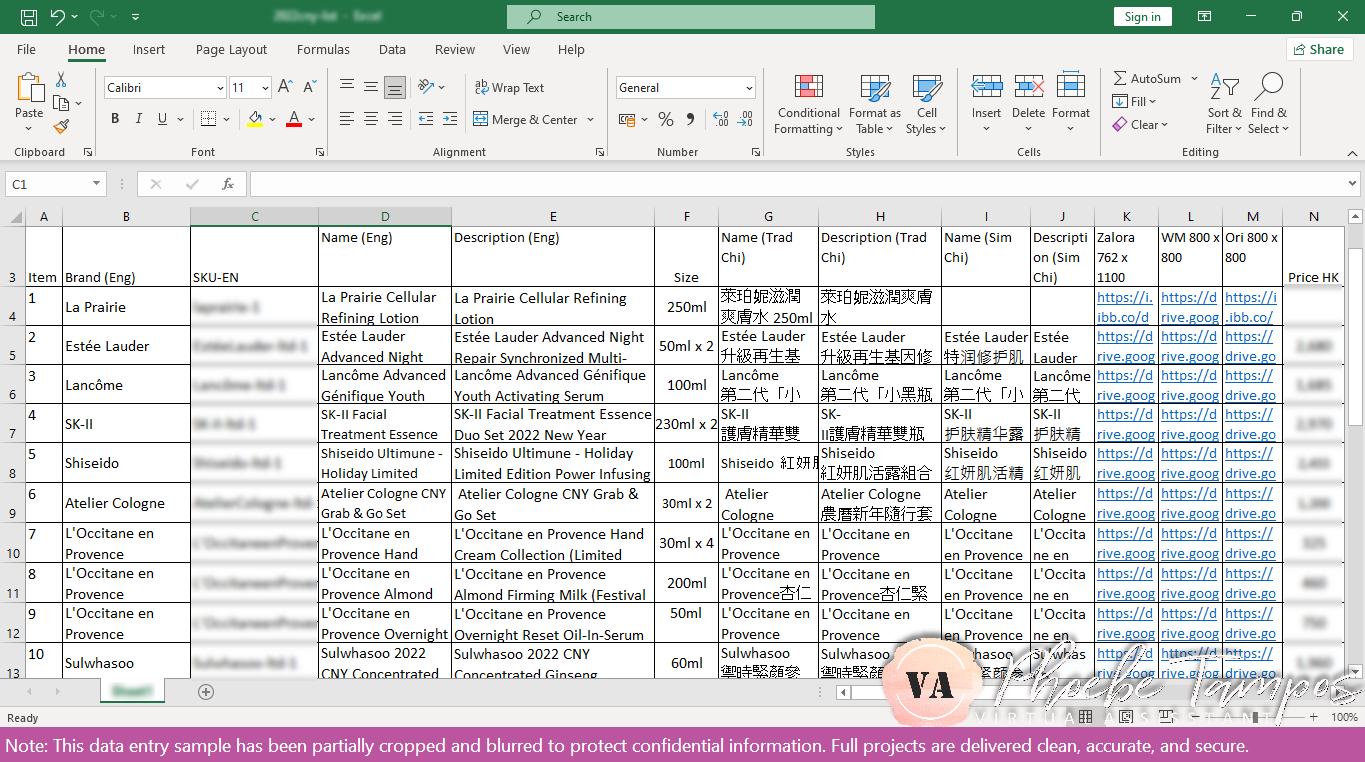 Excel data entry project showing information entered in columns B and N for client records.