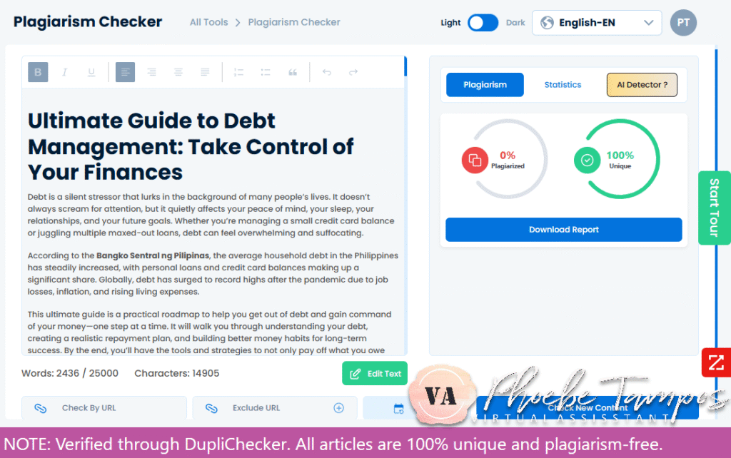 Plagiarism-free verification of a finance SEO article on debt management written by Phoebe Tampos