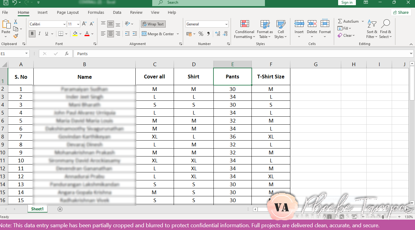 Excel spreadsheet displaying transferred employee clothing sizes from PDF data.