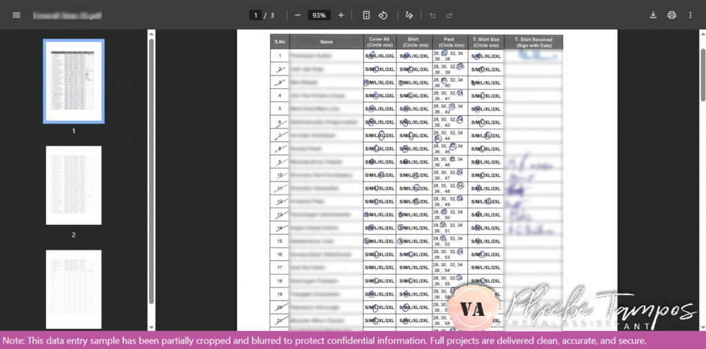 PDF document showing employee size information used for Excel data entry.