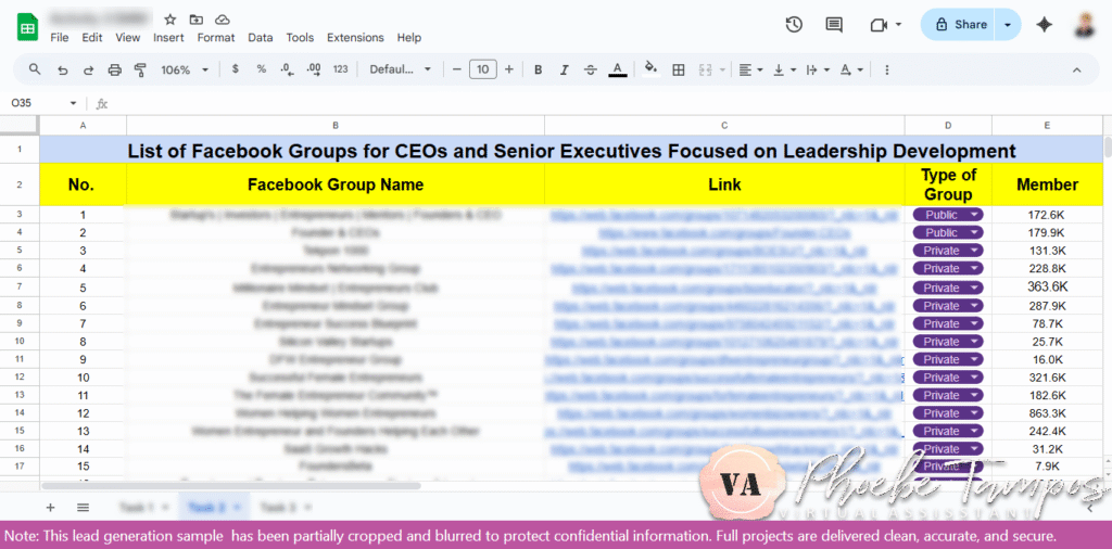 Spreadsheet displaying researched Facebook groups for CEOs, executives, and business leaders in the USA focusing on leadership and professional growth.