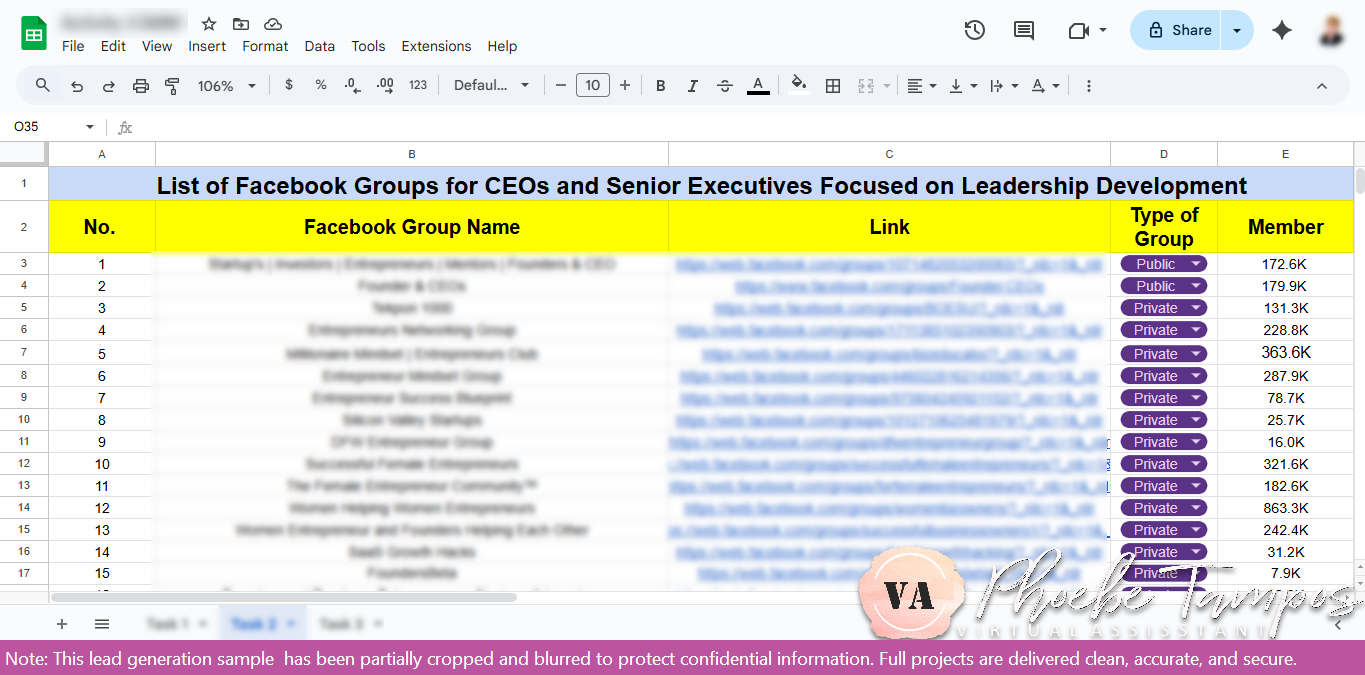 Spreadsheet displaying researched Facebook groups for CEOs, executives, and business leaders in the USA focusing on leadership and professional growth.