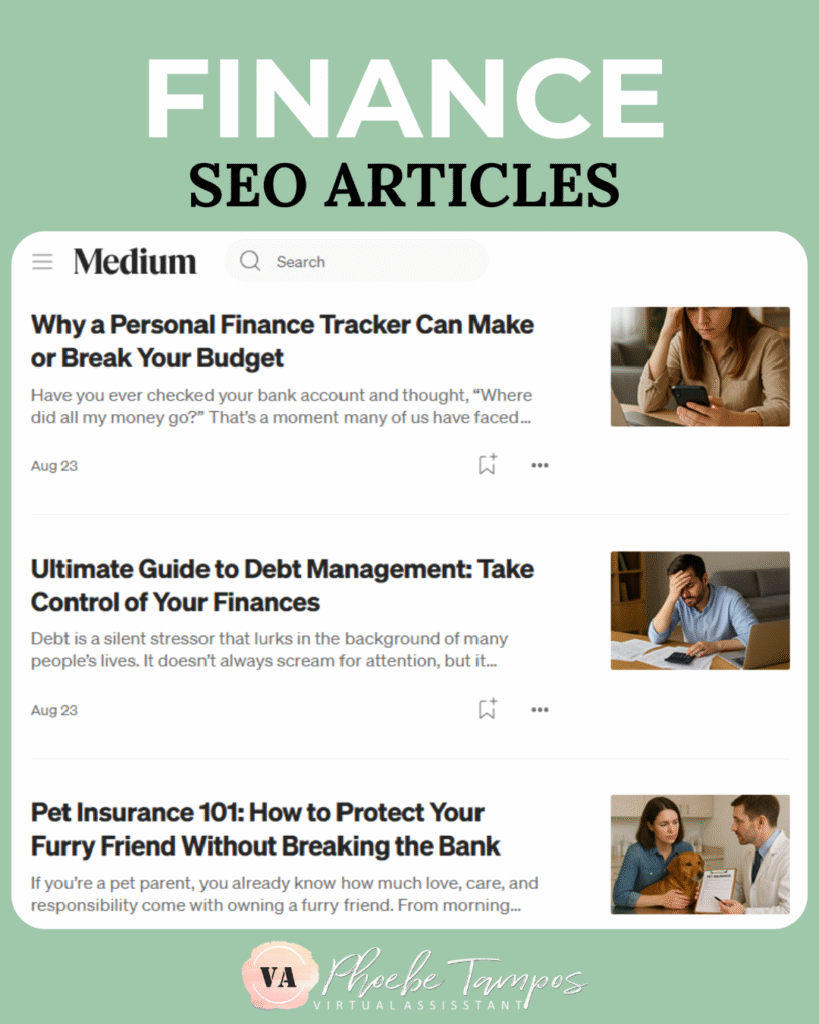 Finance SEO articles written by virtual assistant and content writer Phoebe Tampos for Medium