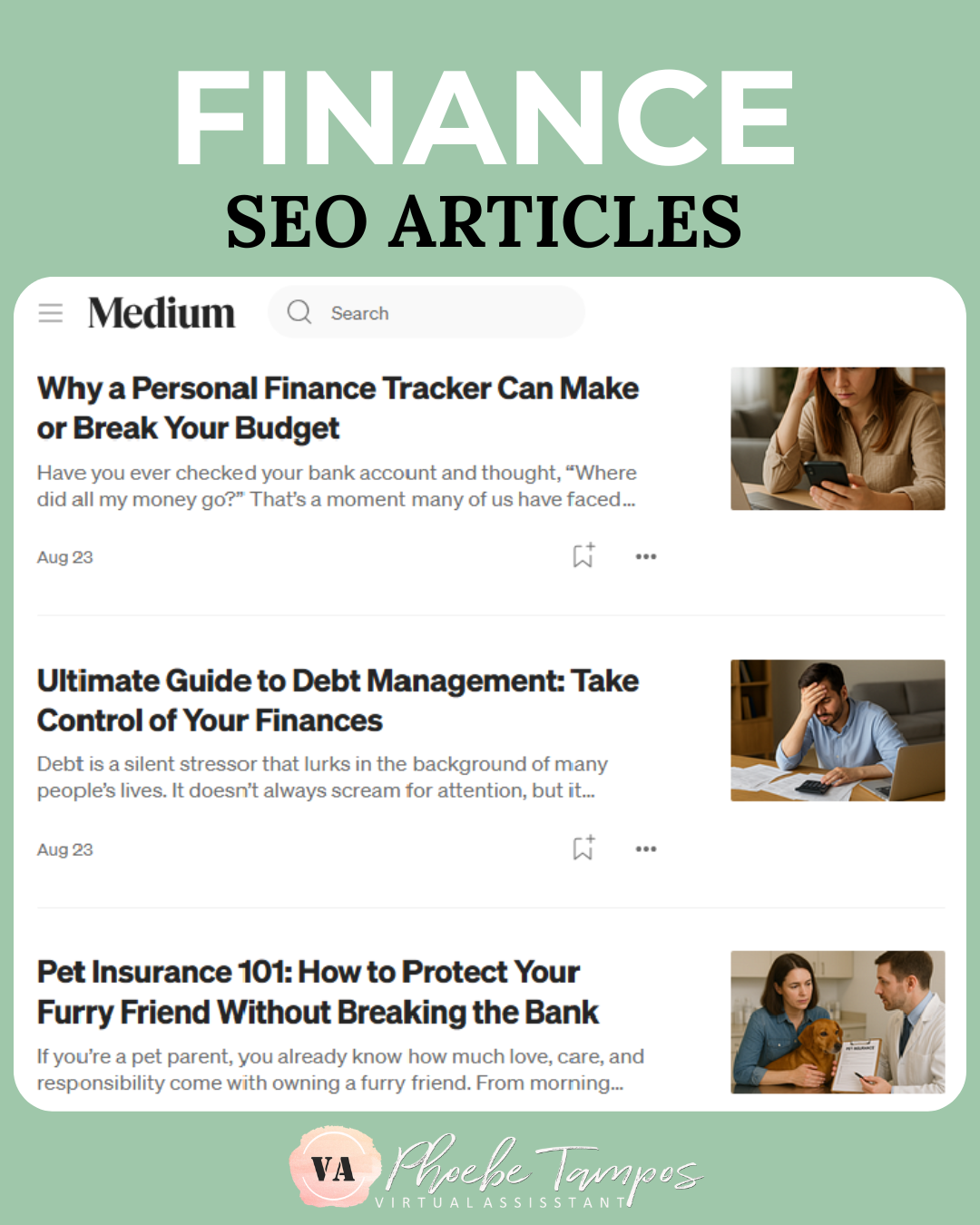 Finance SEO articles written by virtual assistant and content writer Phoebe Tampos for Medium