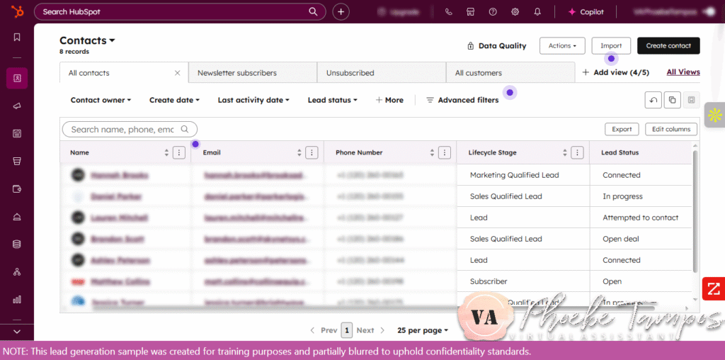 Screenshot of HubSpot CRM contact dashboard showing organized lead records with lifecycle stages and lead statuses, used for lead management training.
