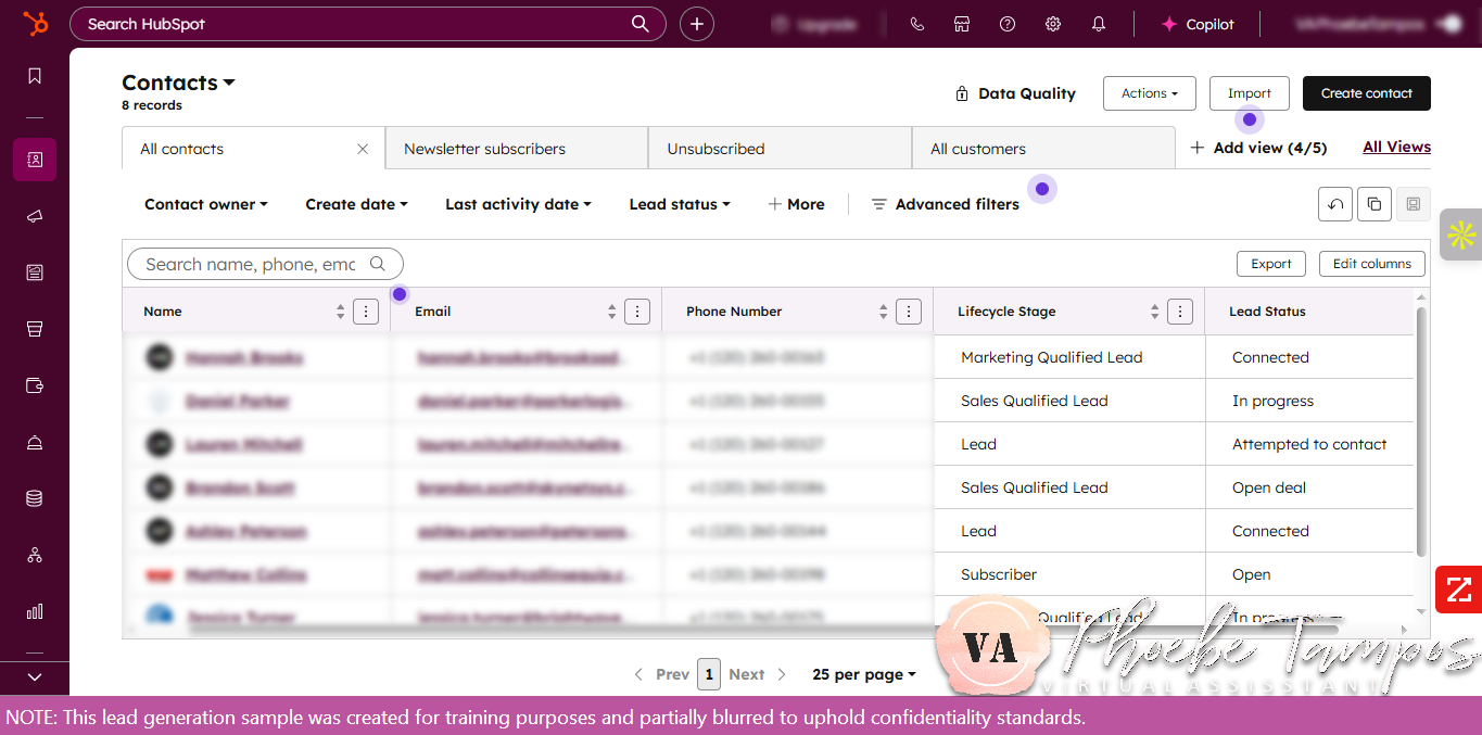 Screenshot of HubSpot CRM contact dashboard showing organized lead records with lifecycle stages and lead statuses, used for lead management training.