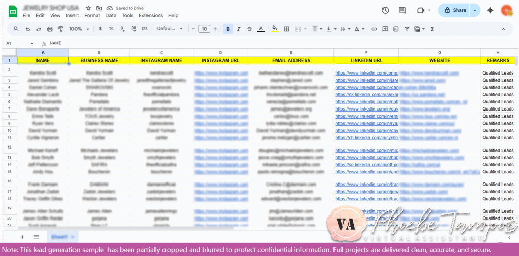 Jewelry shop lead generation project showing verified business contacts and social media profiles of U.S. jewelry business compiled into a clean spreadsheet.