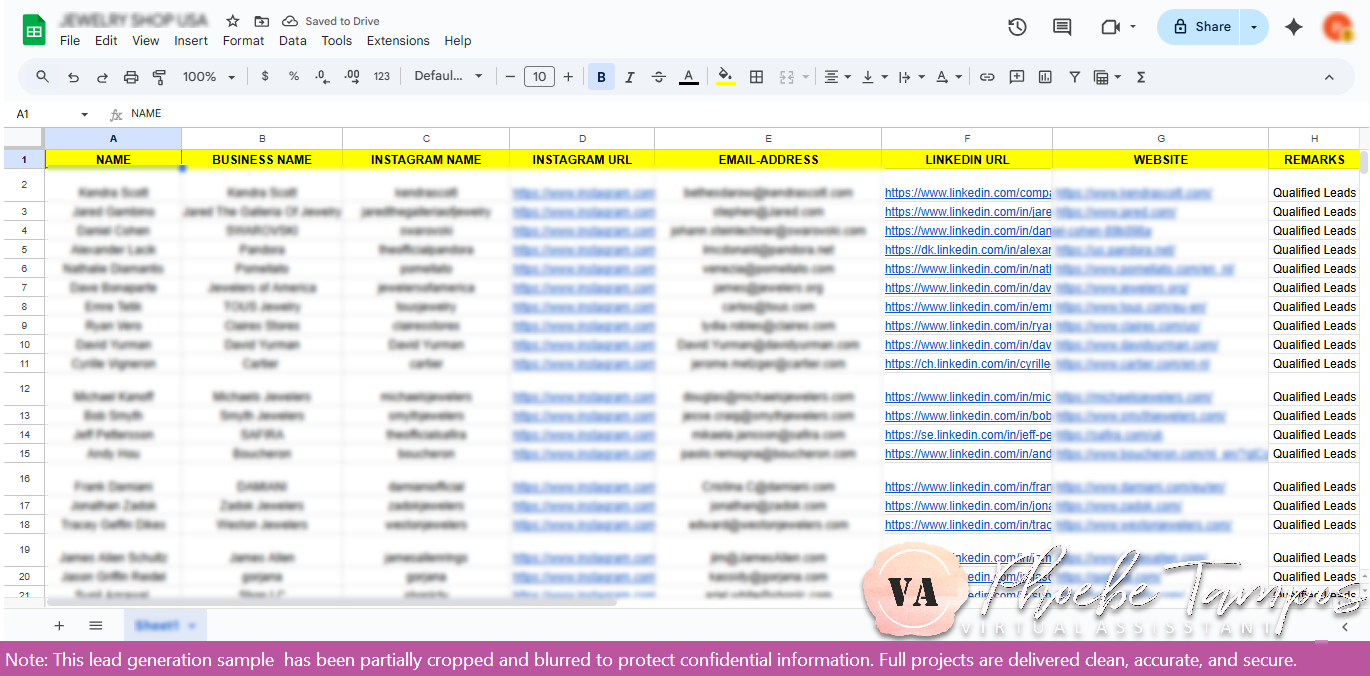 Jewelry shop lead generation project showing verified business contacts and social media profiles of U.S. jewelry business compiled into a clean spreadsheet.