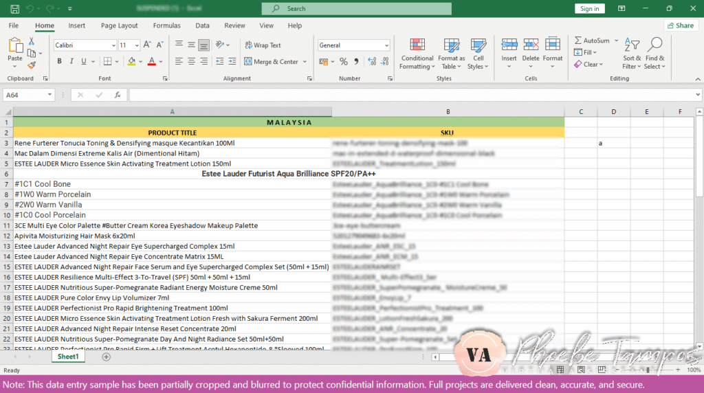 Excel file showing locked product listings and SKUs for Lazada Malaysia.