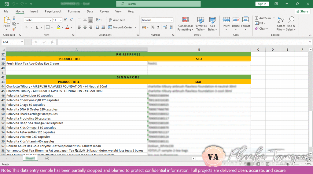 Excel file listing locked items and SKUs for Lazada Philippines and Singapore.