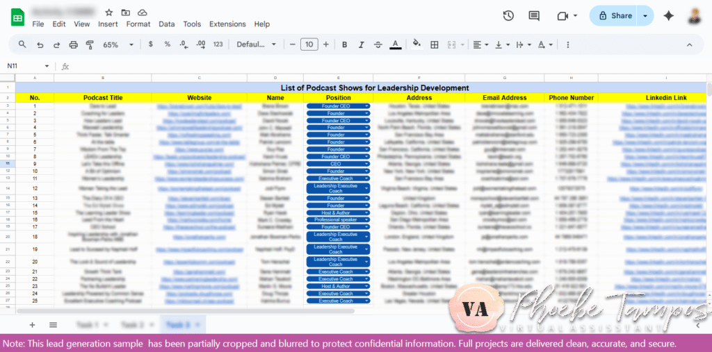 Spreadsheet displaying research data of leadership and executive coaching podcasts, including contact names, emails, and guesting opportunities for professional outreach.