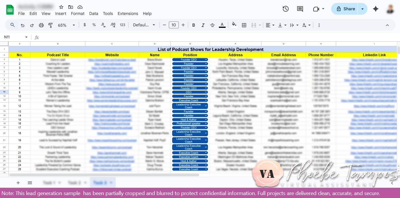 Spreadsheet displaying research data of leadership and executive coaching podcasts, including contact names, emails, and guesting opportunities for professional outreach.