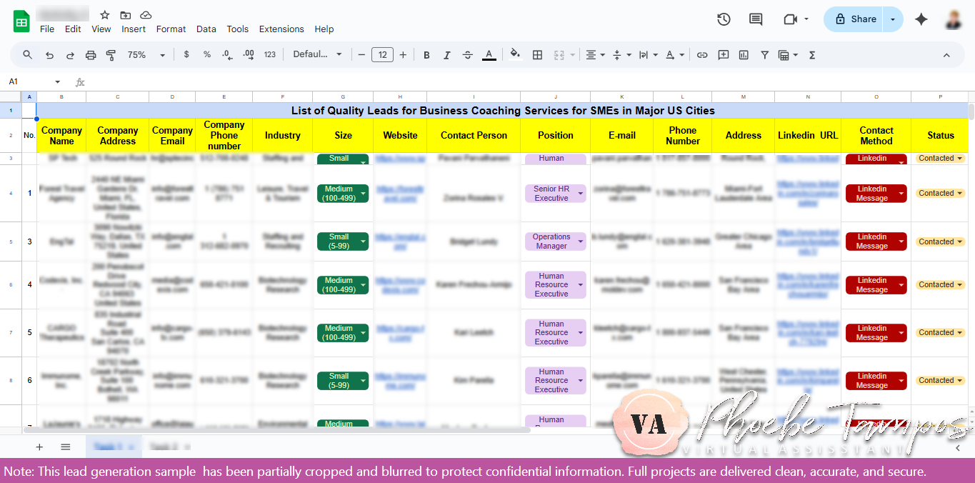 Spreadsheet showing LinkedIn sourced business coaching leads across major U.S. cities, including company names, industries, and HR or management contacts.