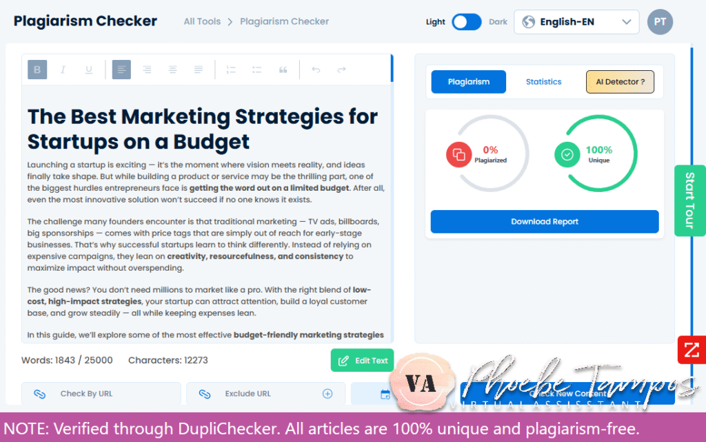 Plagiarism-free verification of a business SEO article on startup marketing strategies written by Phoebe Tampos