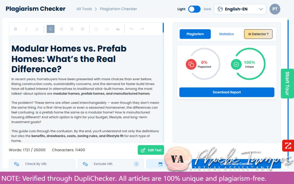 Plagiarism-free verification of a real estate SEO article on modular vs. prefab homes written by Phoebe Tampos