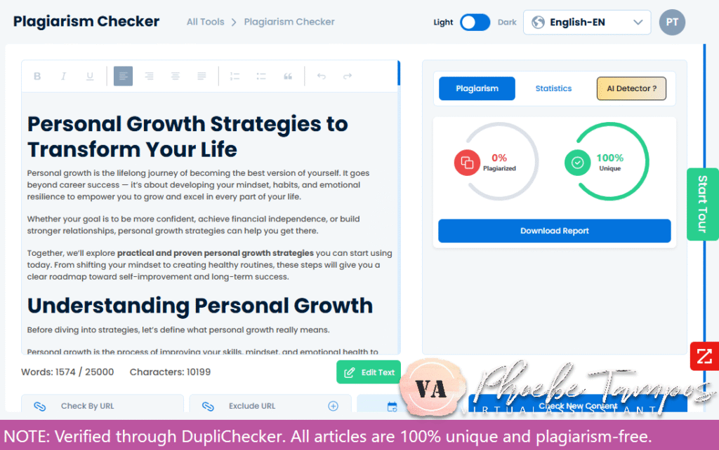 Plagiarism-free verification of a self-development SEO article on personal growth strategies written by Phoebe Tampos