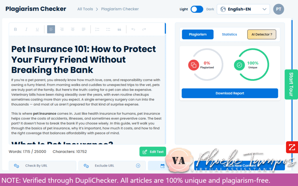 Plagiarism-free verification of a finance SEO article on pet insurance written by Phoebe Tampos