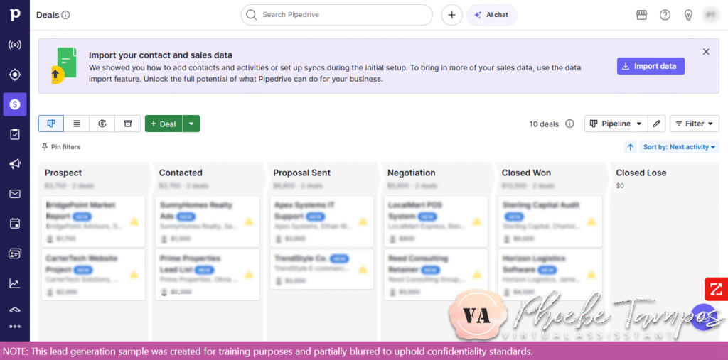 Screenshot of a simulated Pipedrive CRM sales pipeline displaying deal stages from prospect to closed won, created for CRM setup and sales tracking training.