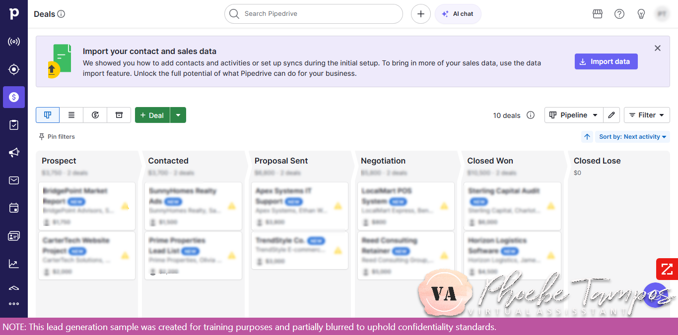 Screenshot of a simulated Pipedrive CRM sales pipeline displaying deal stages from prospect to closed won, created for CRM setup and sales tracking training.