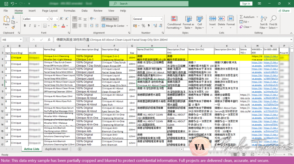 Excel product list showing updated prices, Chinese translations, and highlighted discontinued items.