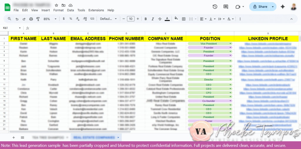 Spreadsheet showing verified U.S. real estate companies and professionals researched during a lead generation internship, including company names, positions, and LinkedIn profiles