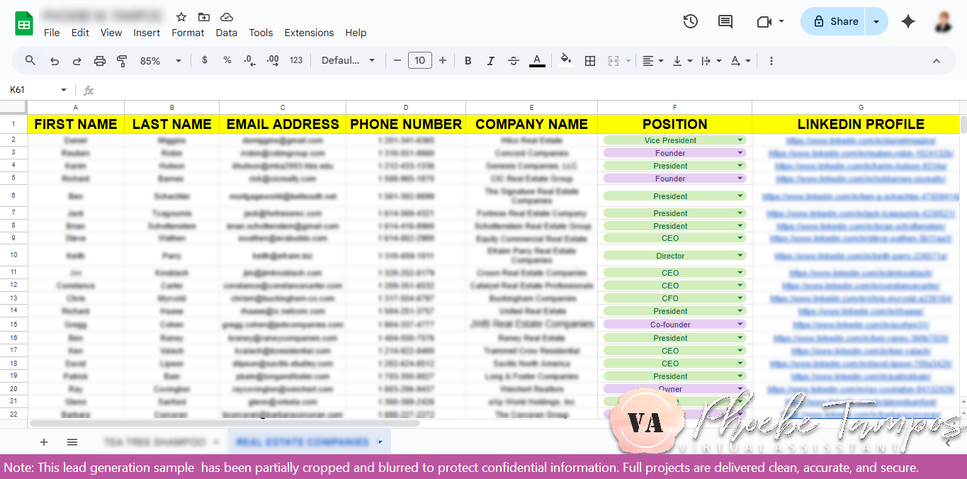 Spreadsheet showing verified U.S. real estate companies and professionals researched during a lead generation internship, including company names, positions, and LinkedIn profiles