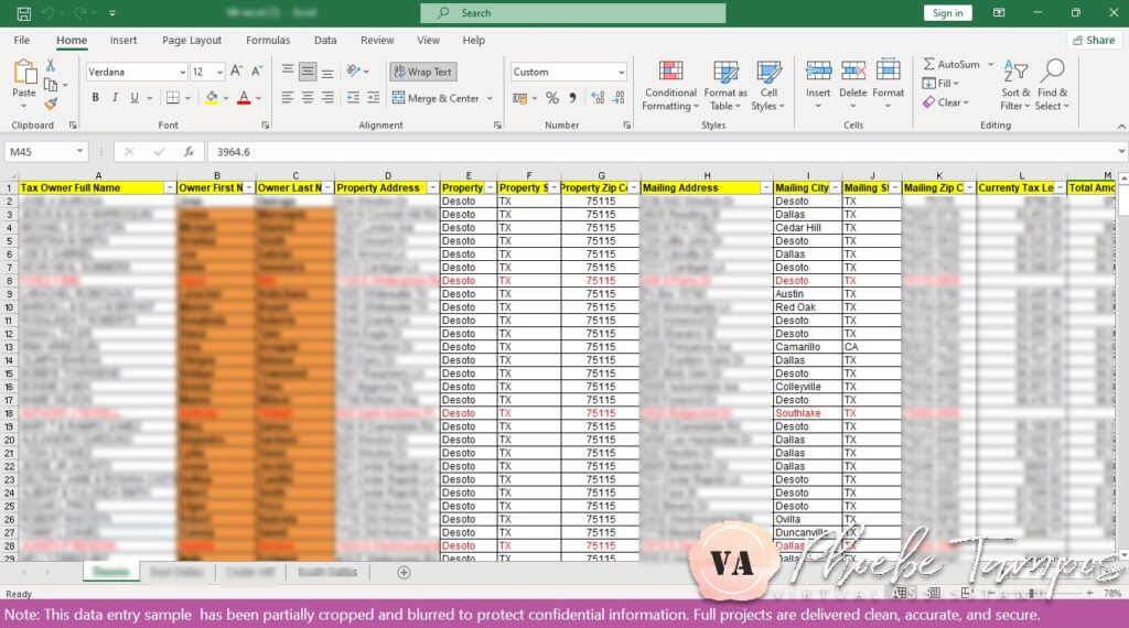 Spreadsheet showing verified property tax records and mailing details for Dallas County real estate data entry.