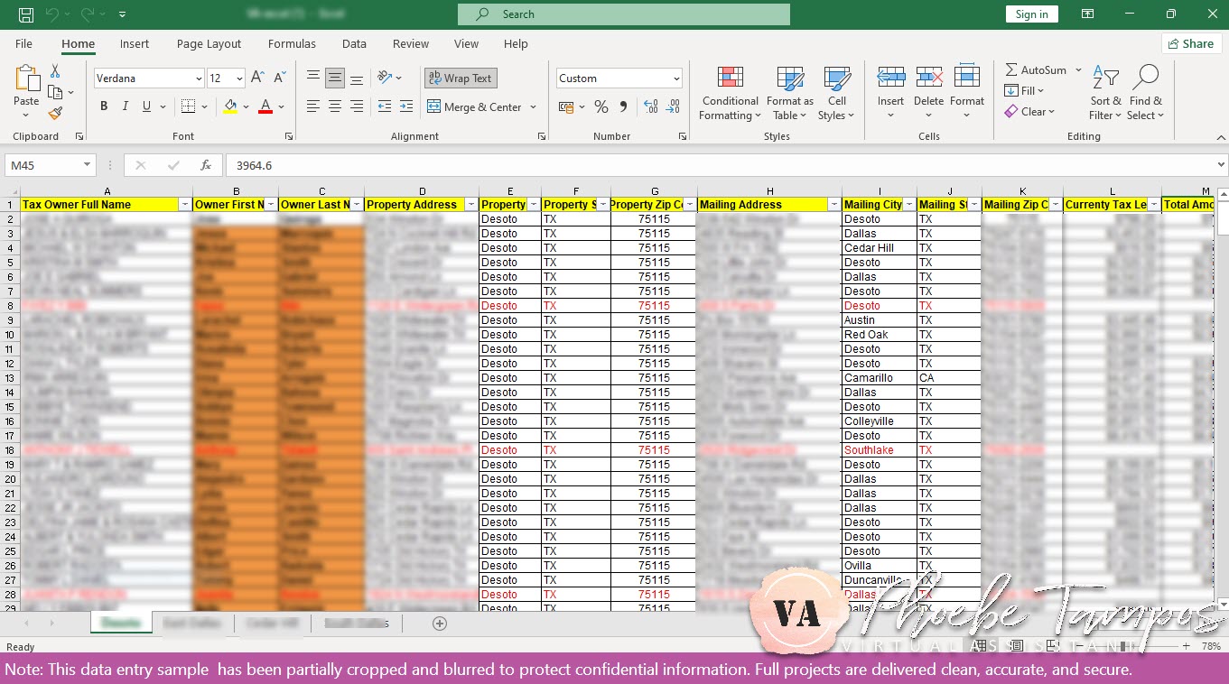 Spreadsheet showing verified property tax records and mailing details for Dallas County real estate data entry.