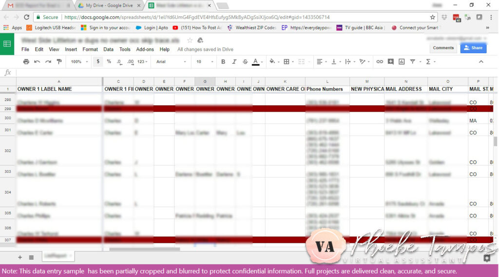 Real estate skip tracing spreadsheet showing verified property owner records and mailing addresses.