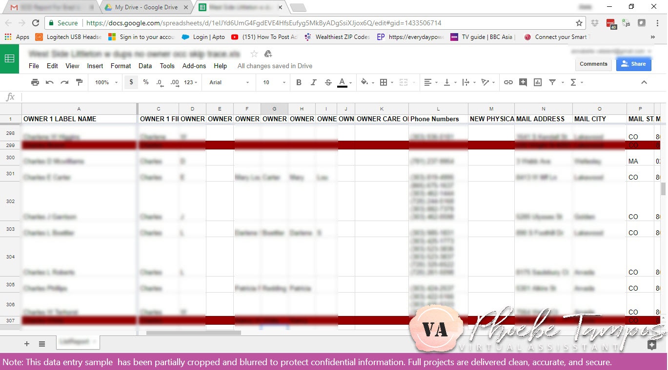 Real estate skip tracing spreadsheet showing verified property owner records and mailing addresses.