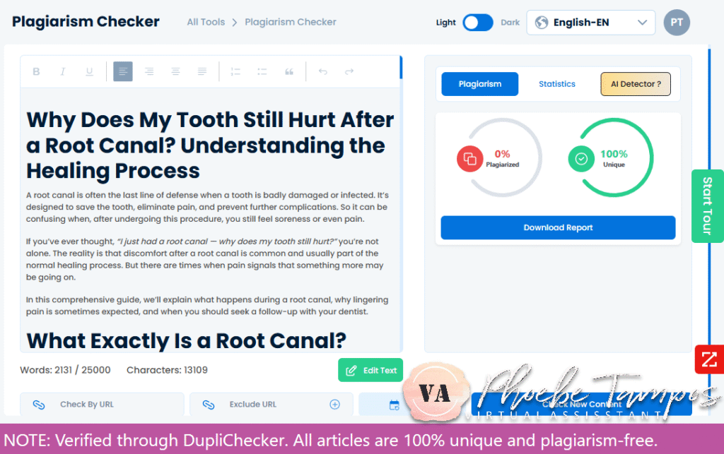 Plagiarism-free verification of a dental SEO article on root canal healing written by Phoebe Tampos.