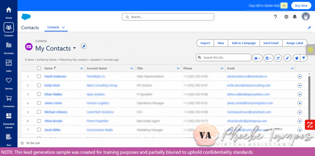Screenshot of Salesforce CRM contact dashboard showing organized client records with names, titles, companies, and emails, created for data cleanup and management training.