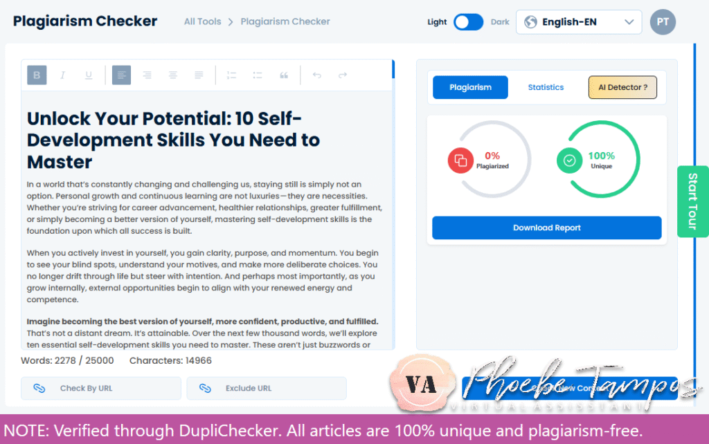 Plagiarism-free verification of a self-development SEO article on essential personal development skills written by Phoebe Tampos