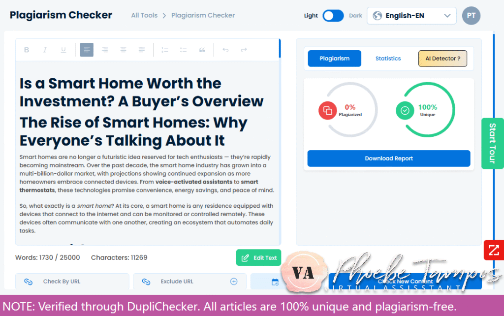 Plagiarism-free verification of a real estate SEO article on smart home investments written by Phoebe Tampos