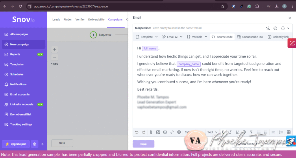 Final follow-up email template in Snov.io designed to maintain rapport and encourage future communication with prospects.