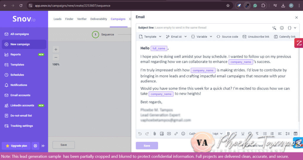 Screenshot of Snov.io follow-up email template highlighting engagement-focused message structure for lead nurturing.