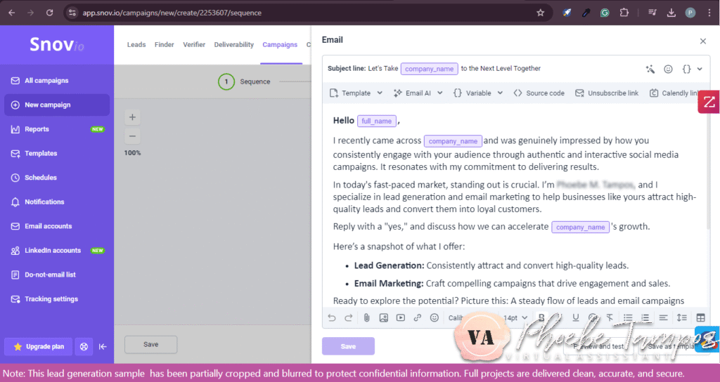 Snov.io email setup screen showing the initial cold outreach email template with personalization tags for company and recipient name.