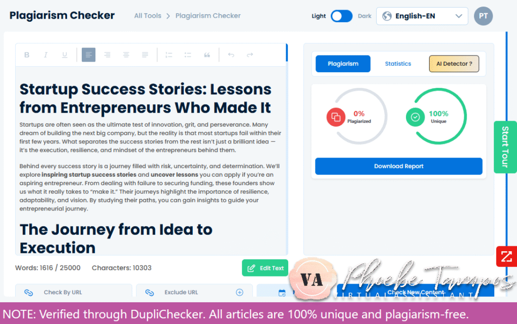 Plagiarism-free verification of a business SEO article on startup success stories written by Phoebe Tampos
