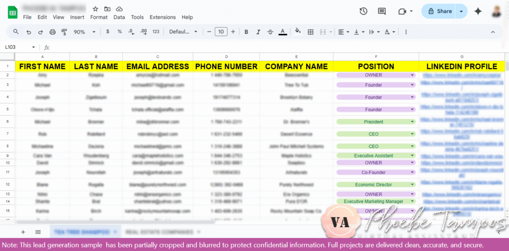 Spreadsheet view showing verified U.S. shampoo companies using tea tree oil in their products, part of a lead generation and market research project conducted during internship at Natures