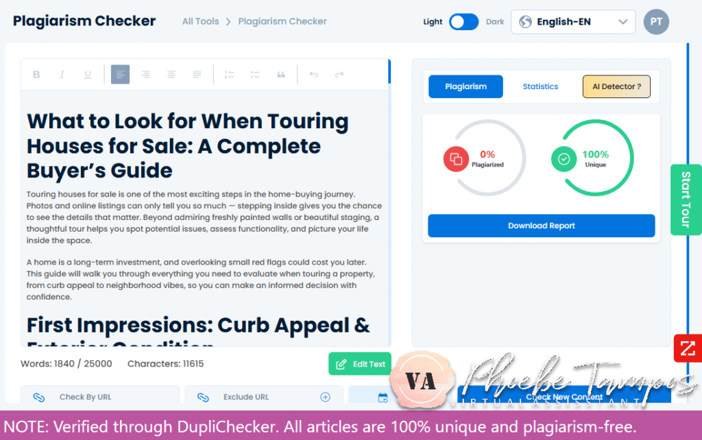 Plagiarism-free verification of a real estate SEO article on touring houses for sale written by Phoebe Tampos