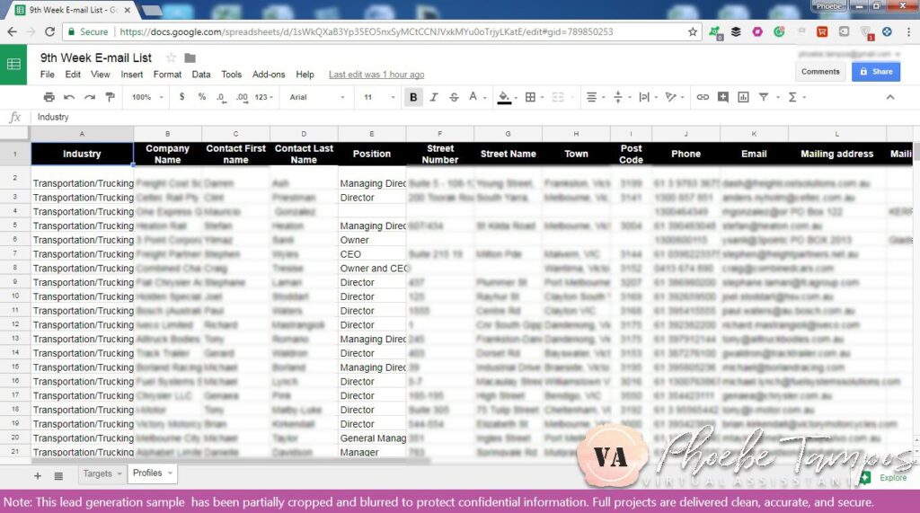 Transportation industry lead generation and data mining project showing a Google Sheet with filtered company contacts, positions, and emails for targeted outreach in Melbourne, Australia